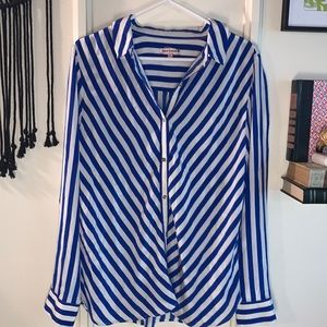 Juicy Couture Blue and White Striped 100% silk Button Down Blouse size XL